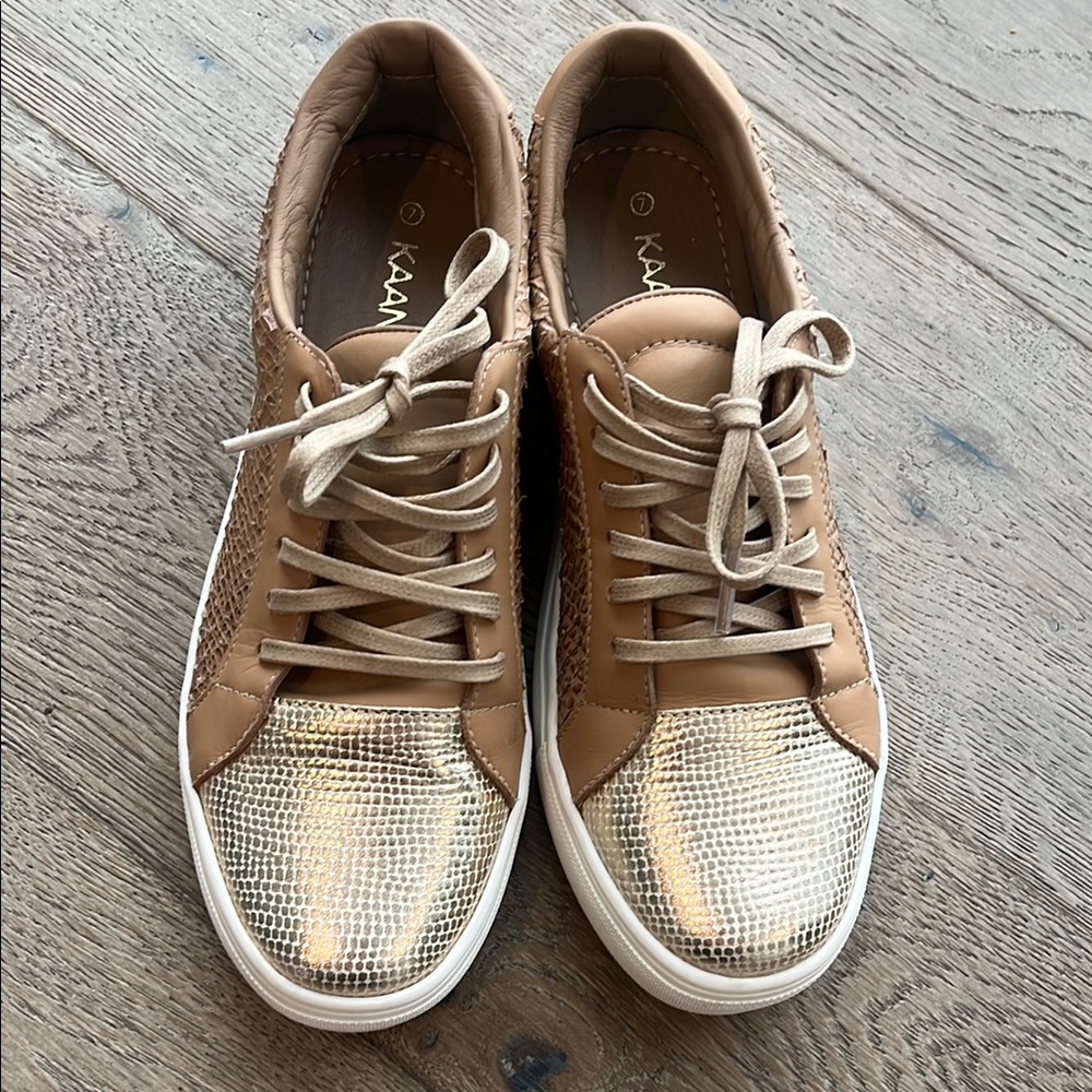 EUC Kaanas Women's Woven Cognac and Gold Toe Sneakers (Size 7) Retail: $140